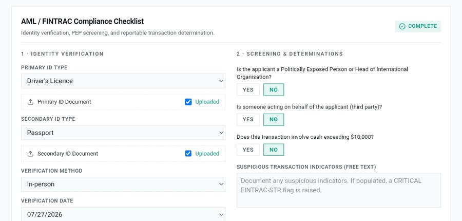 AML and FINTRAC compliance checklist with identity verification, PEP screening, and source-of-down-payment documentation