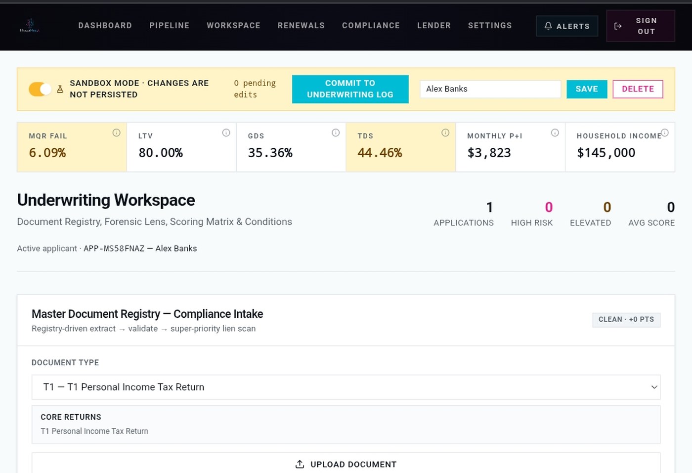 BrokerMind AI underwriting workspace showing loan ratios, application stats, and the document registry for an active file